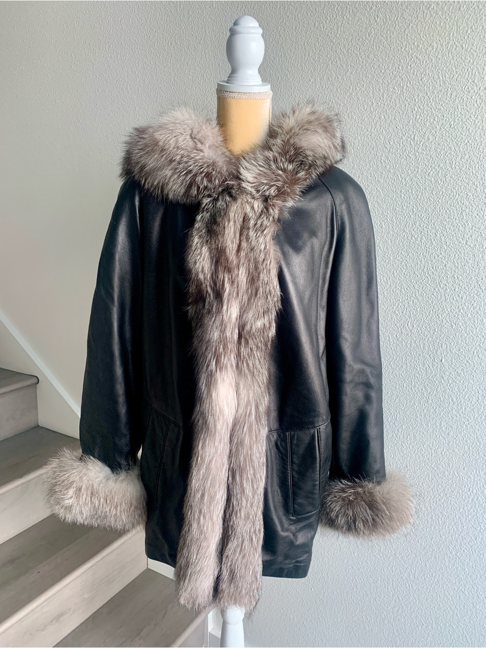 Vintage J Percy for Marvin Richards Black Leather Coat with Gray Fox Fur Trim